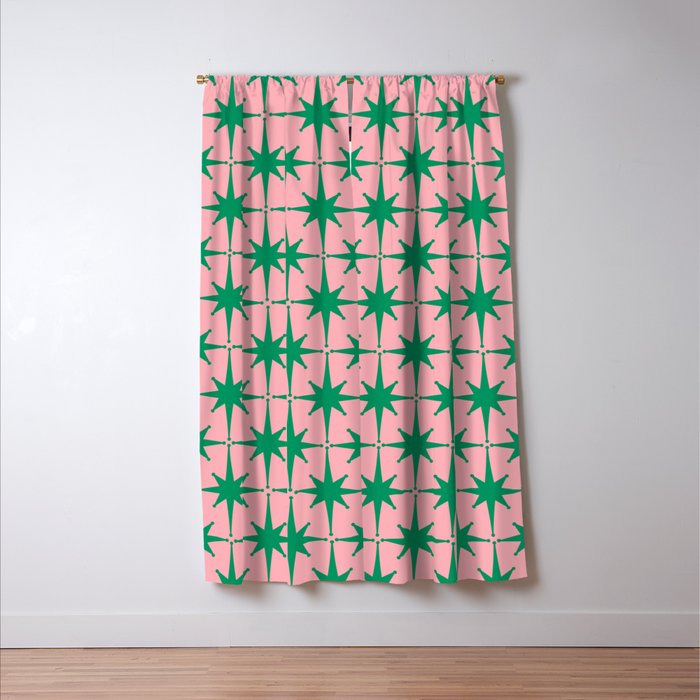 Midcentury Modern Atomic Age Starburst Pattern in Christmas Green and Pink Window Curtain Gallery Image 3