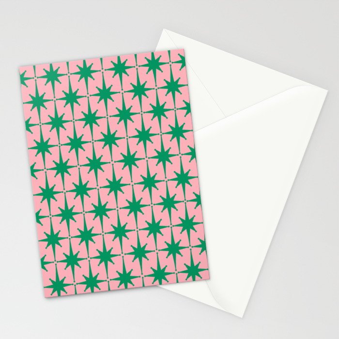 Midcentury Modern Atomic Age Starburst Pattern in Christmas Green and Pink Stationery Card Gallery Image 2