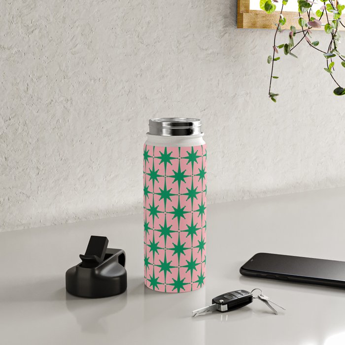 Midcentury Modern Atomic Age Starburst Pattern in Christmas Green and Pink Water Bottle Gallery Image 4