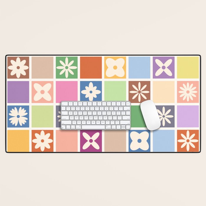 Retro Colorful Flower Checker Tiles Desk Mat Gallery Image 1