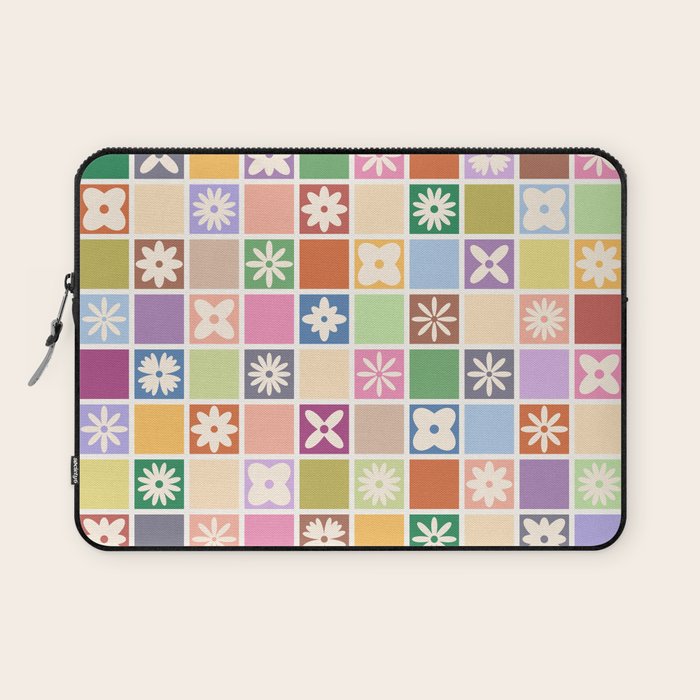 Retro Colorful Flower Checker Tiles Laptop Sleeve Gallery Image 1
