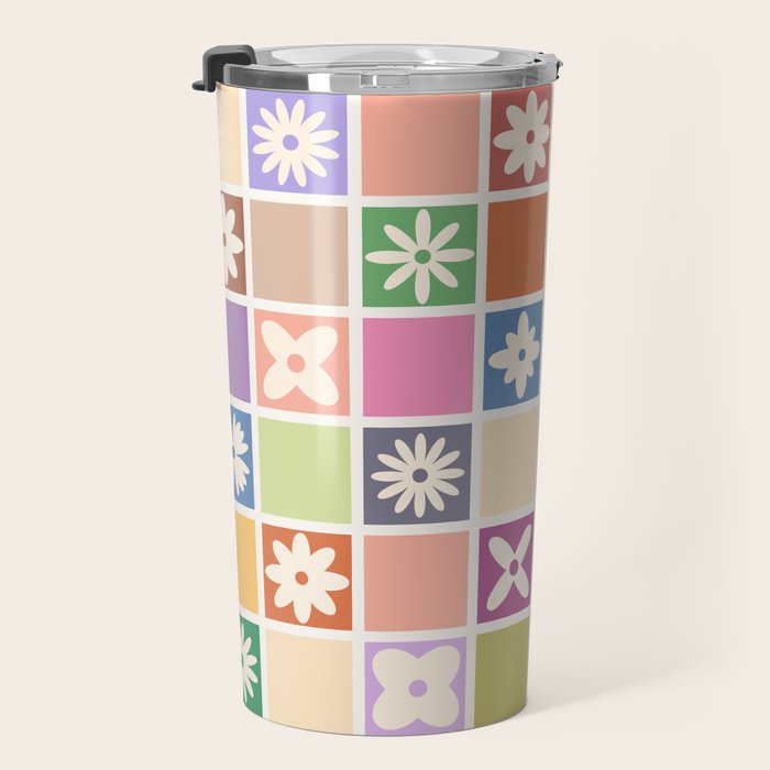 Retro Colorful Flower Checker Tiles Travel Mug Gallery Image 3