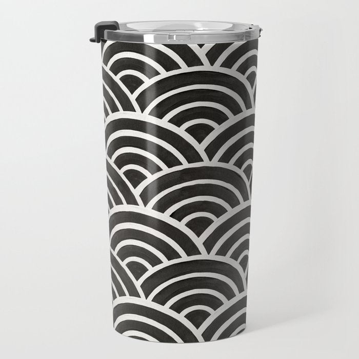 Japanese Seigaiha Wave - Black & White Palette Travel Mug Gallery Image 3