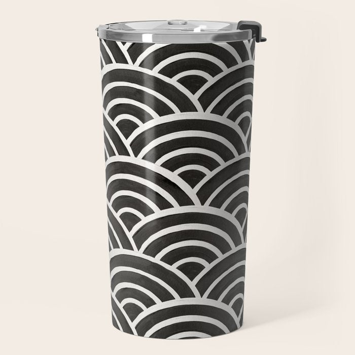 Japanese Seigaiha Wave - Black & White Palette Travel Mug Gallery Image 2