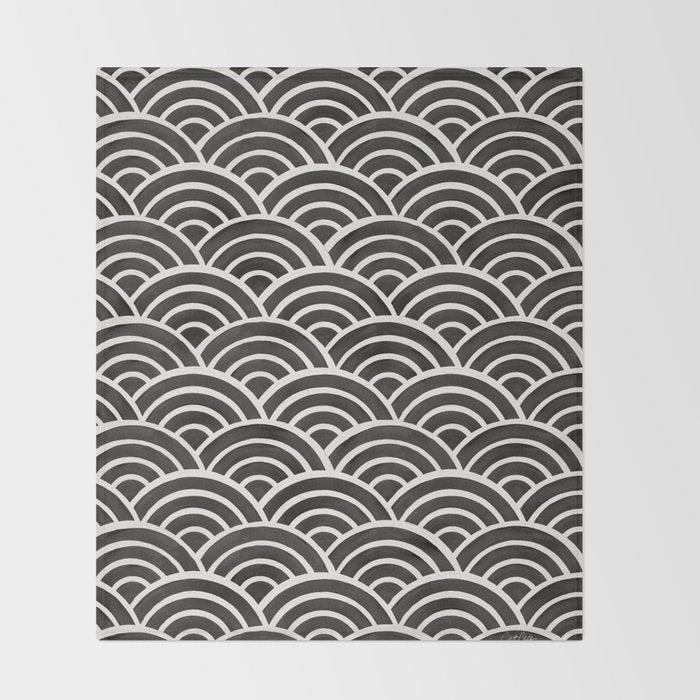 Japanese Seigaiha Wave - Black & White Palette Throw Blanket Gallery Image 2