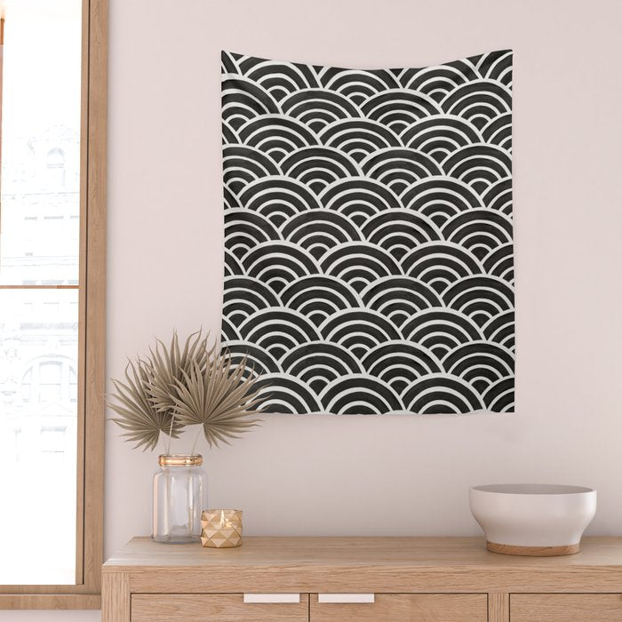 Japanese Seigaiha Wave - Black & White Palette Wall Tapestry Gallery Image 2