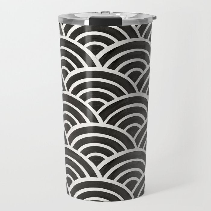 Japanese Seigaiha Wave - Black & White Palette Travel Mug Gallery Image 1