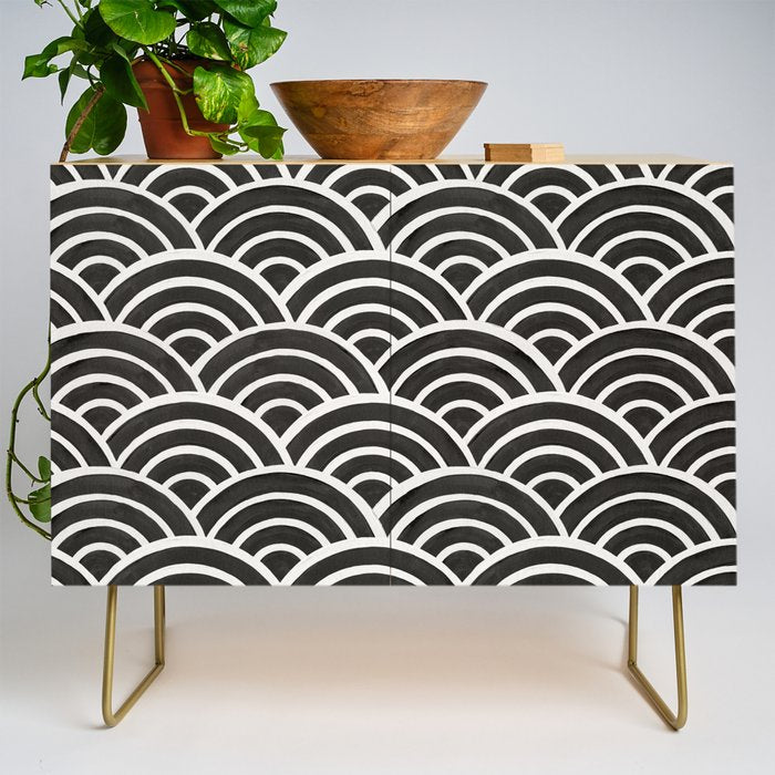 Japanese Seigaiha Wave - Black & White Palette Credenza Gallery Image 1