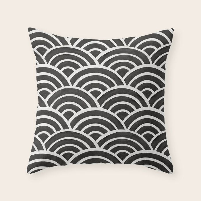 Japanese Seigaiha Wave - Black & White Palette Throw Pillow Gallery Image 6