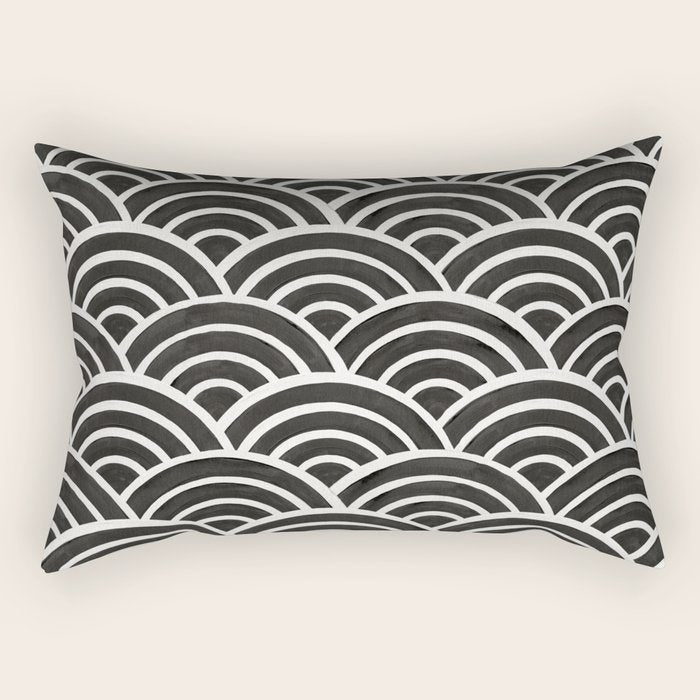 Japanese Seigaiha Wave - Black & White Palette Rectangular Pillow Gallery Image 1