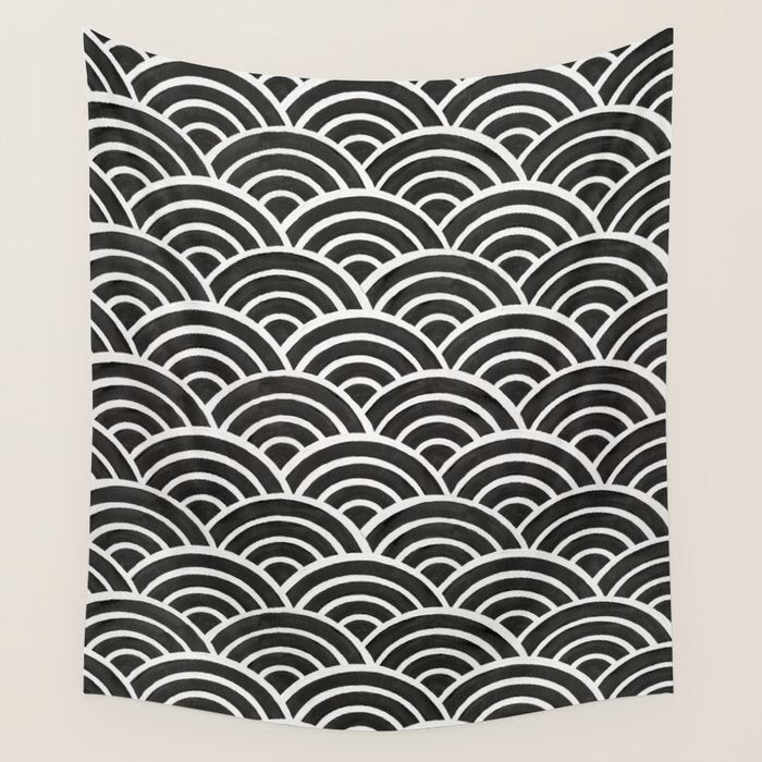 Japanese Seigaiha Wave - Black & White Palette Wall Tapestry Gallery Image 4