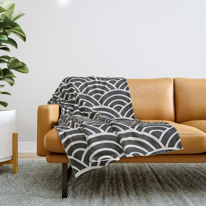 Japanese Seigaiha Wave - Black & White Palette Throw Blanket Gallery Image 1