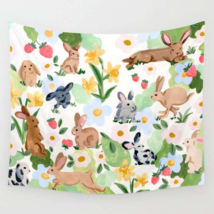 Rabbits and Strawberries Wall Tapestry Gallery Image 1