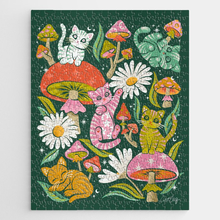 Kittens & Shrooms - Rainbow on Kelly Green Jigsaw Puzzle Gallery Image 1