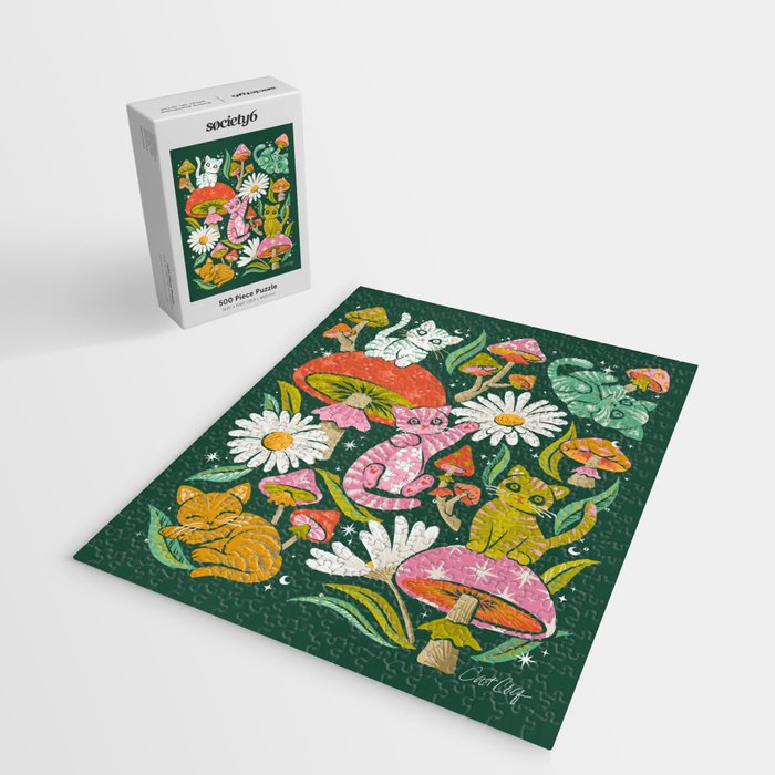 Kittens & Shrooms - Rainbow on Kelly Green Jigsaw Puzzle Gallery Image 2