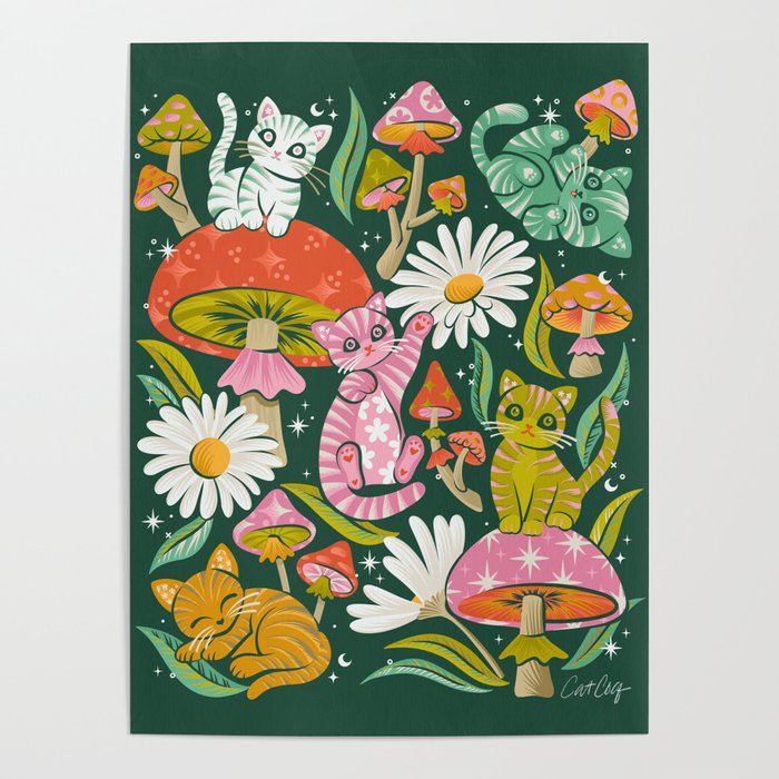 Kittens & Shrooms - Rainbow on Kelly Green Poster Gallery Image 4