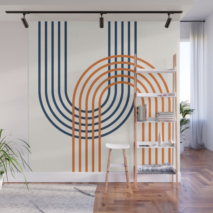 Geometric Lines Rainbow Abstract 5.1 in Navy Blue and Orange Wall Mural Gallery Image 1