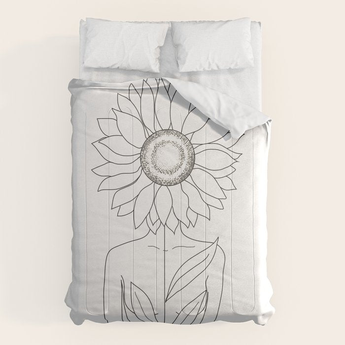 Minimalistic Line Art of Woman with Sunflower Comforter Gallery Image 1