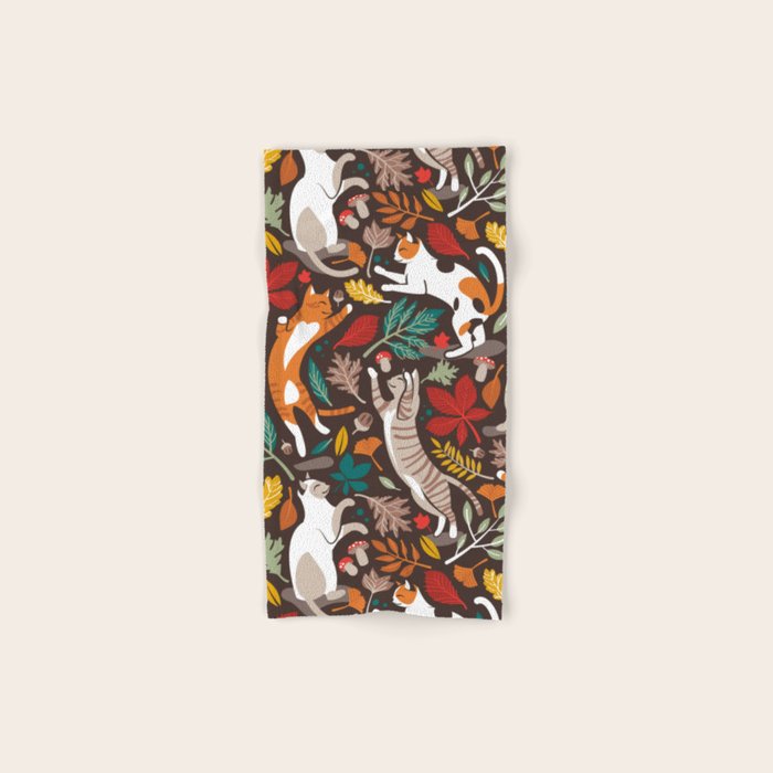Autumn joy // brown oak background cats dancing with many leaves in fall colors Bath Towel Gallery Image 1