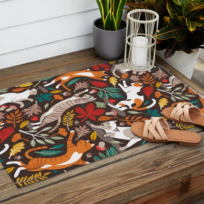 Autumn joy // brown oak background cats dancing with many leaves in fall colors Outdoor Rug Gallery Image 2
