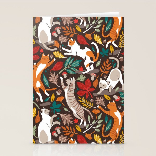 Autumn joy // brown oak background cats dancing with many leaves in fall colors Stationery Card Gallery Image 2