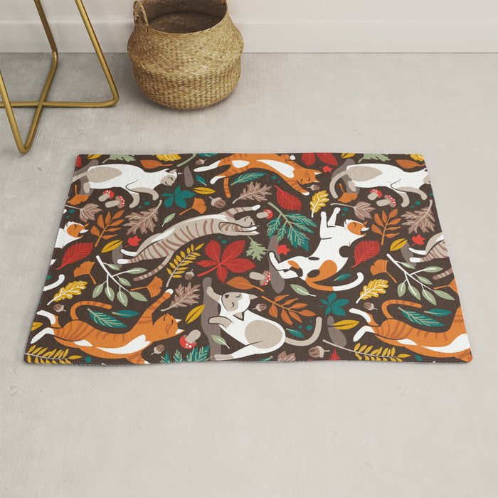 Autumn joy // brown oak background cats dancing with many leaves in fall colors Rug Gallery Image 1