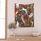 Autumn joy // brown oak background cats dancing with many leaves in fall colors Wall Tapestry Gallery Image 2