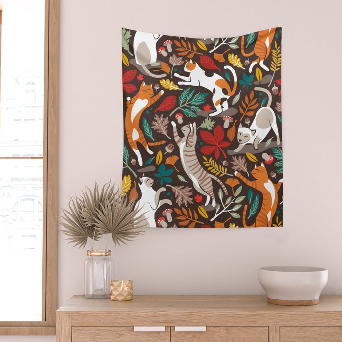 Autumn joy // brown oak background cats dancing with many leaves in fall colors Wall Tapestry Gallery Image 2