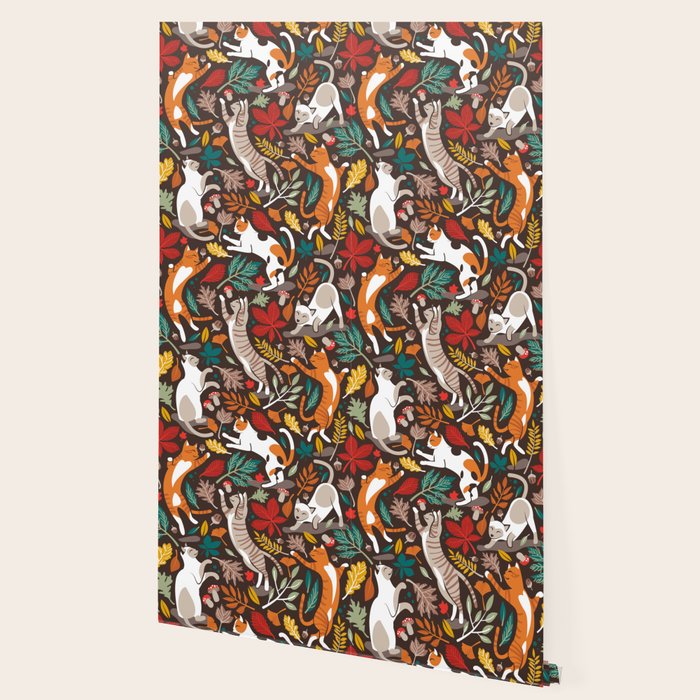 Autumn joy // brown oak background cats dancing with many leaves in fall colors Wallpaper Gallery Image 2
