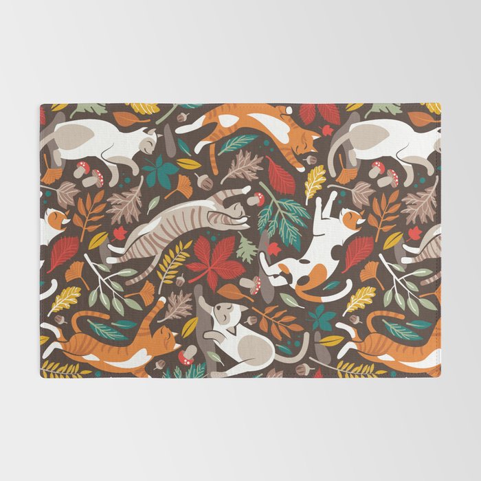 Autumn joy // brown oak background cats dancing with many leaves in fall colors Rug Gallery Image 2