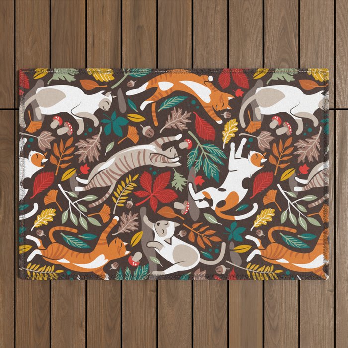 Autumn joy // brown oak background cats dancing with many leaves in fall colors Outdoor Rug Gallery Image 1