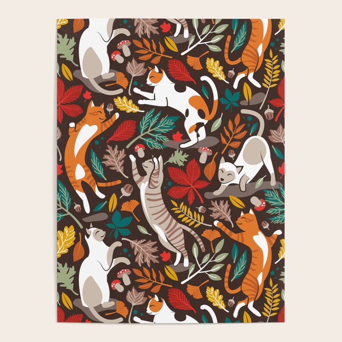 Autumn joy // brown oak background cats dancing with many leaves in fall colors Poster Gallery Image 4