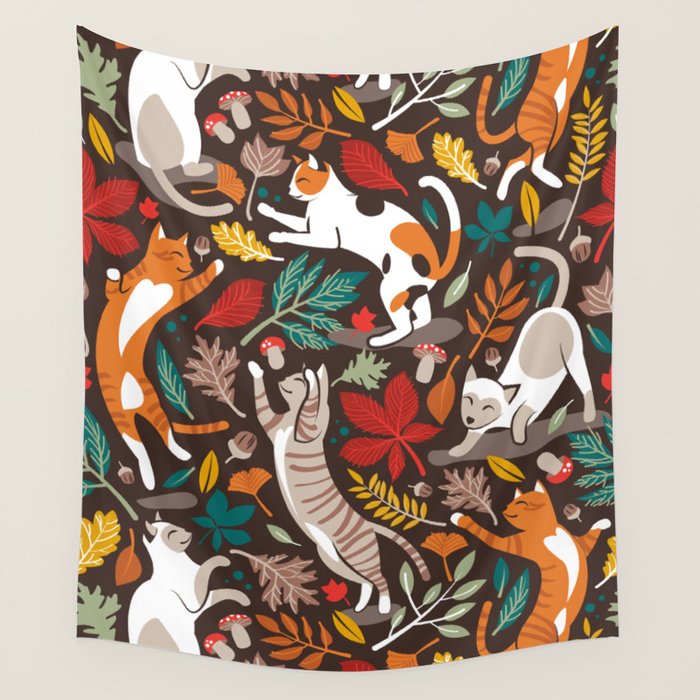 Autumn joy // brown oak background cats dancing with many leaves in fall colors Wall Tapestry Gallery Image 1