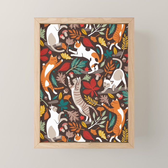 Autumn joy // brown oak background cats dancing with many leaves in fall colors Mini Art Print Gallery Image 1