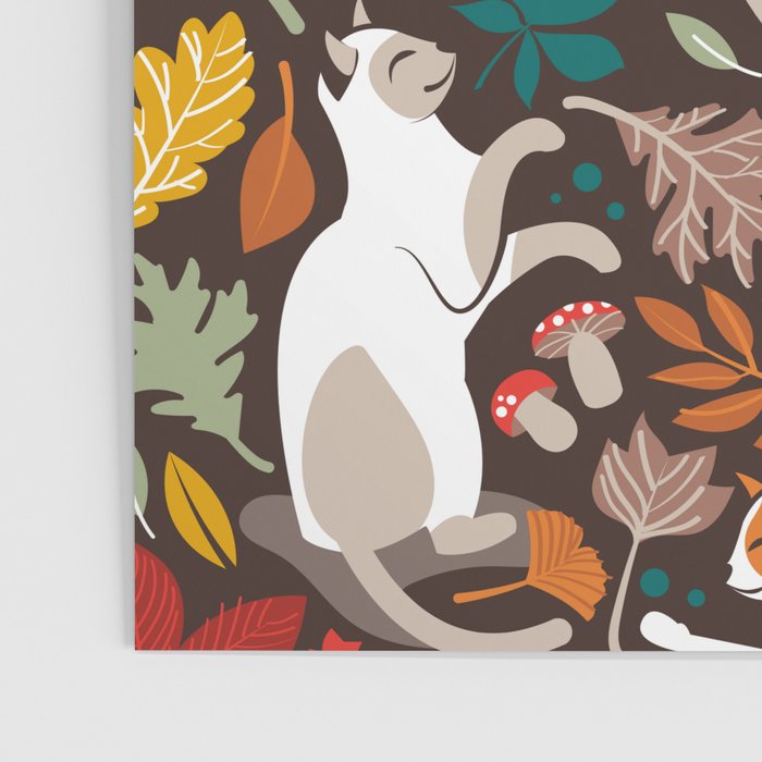 Autumn joy // brown oak background cats dancing with many leaves in fall colors Poster Gallery Image 3