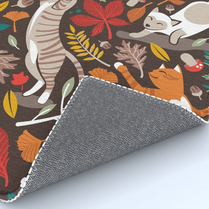 Autumn joy // brown oak background cats dancing with many leaves in fall colors Rug Gallery Image 4