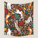 Autumn joy // brown oak background cats dancing with many leaves in fall colors Wall Tapestry Gallery Image 4
