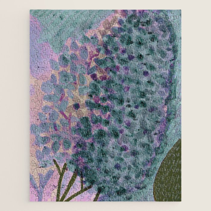 Garden Lilac Flower Painting in Teal & Pink Jigsaw Puzzle Gallery Image 1