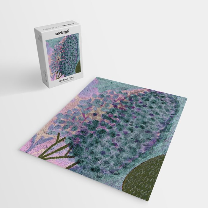 Garden Lilac Flower Painting in Teal & Pink Jigsaw Puzzle Gallery Image 2