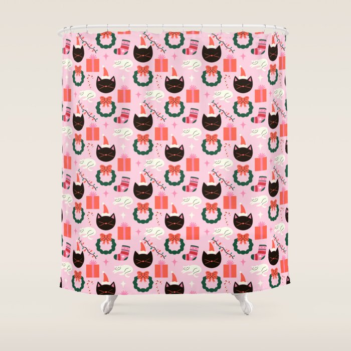 Whimsical Christmas Cats Shower Curtain Gallery Image 1