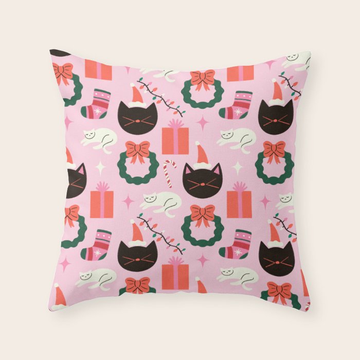 Whimsical Christmas Cats Throw Pillow Gallery Image 1