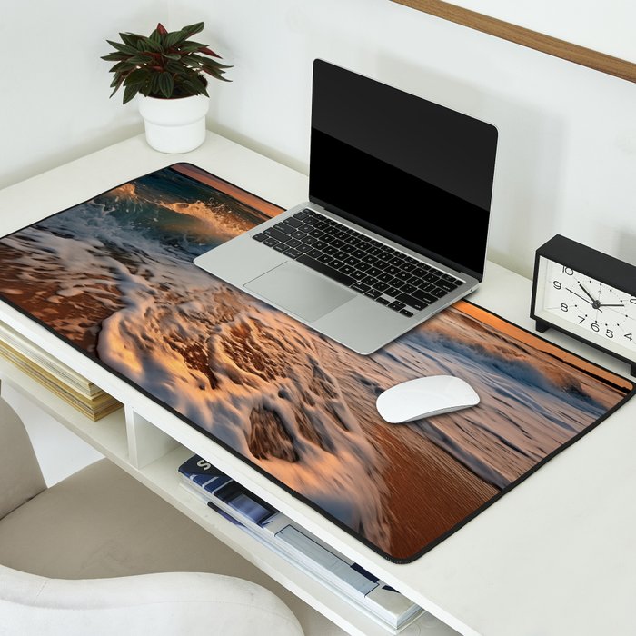 California Dreamin Coastal Photorealistic Digital Artwork - Sunset Waves on the Beach Desk Mat Gallery Image 2