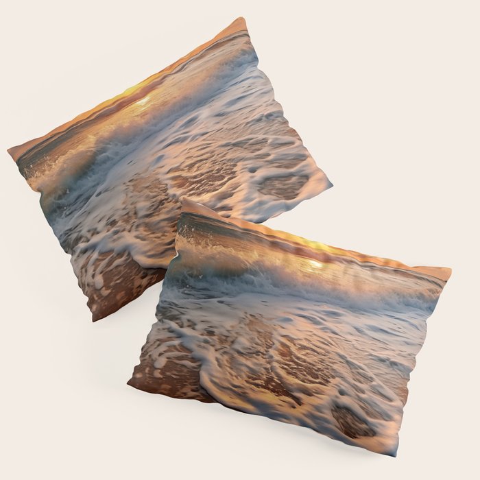 California Dreamin Coastal Photorealistic Digital Artwork - Sunset Waves on the Beach Pillow Sham Gallery Image 1