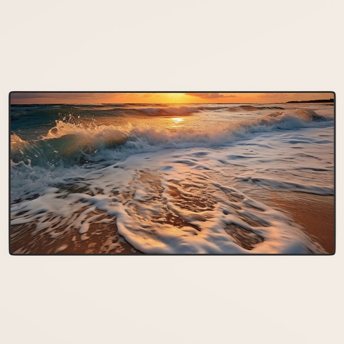 California Dreamin Coastal Photorealistic Digital Artwork - Sunset Waves on the Beach Desk Mat Gallery Image 3