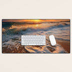 California Dreamin Coastal Photorealistic Digital Artwork - Sunset Waves on the Beach Desk Mat Gallery Image 1