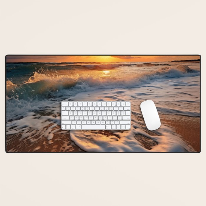 California Dreamin Coastal Photorealistic Digital Artwork - Sunset Waves on the Beach Desk Mat Gallery Image 1