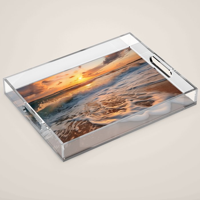 California Dreamin Coastal Photorealistic Digital Artwork - Sunset Waves on the Beach Acrylic Tray Gallery Image 1