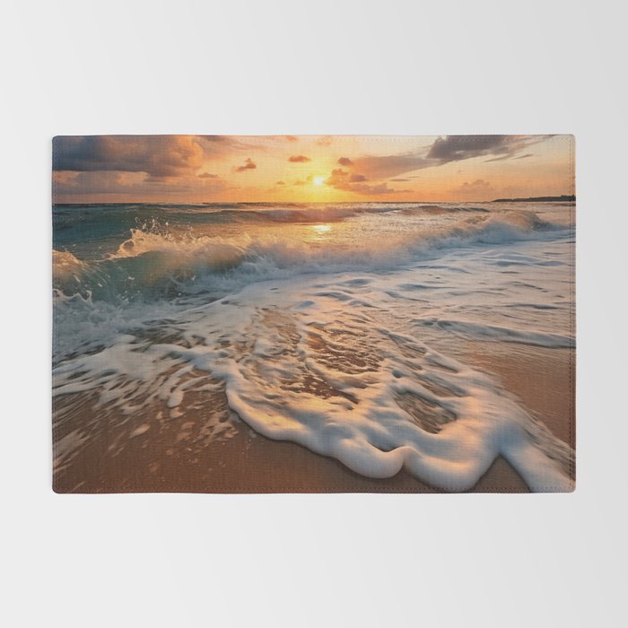 California Dreamin Coastal Photorealistic Digital Artwork - Sunset Waves on the Beach Rug Gallery Image 2