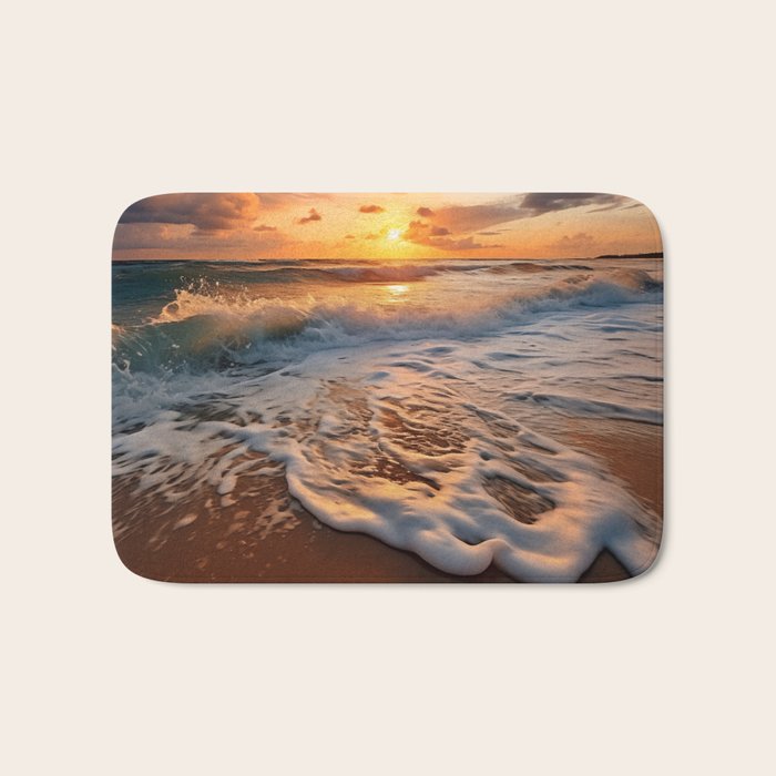 California Dreamin Coastal Photorealistic Digital Artwork - Sunset Waves on the Beach Bath Mat Gallery Image 1