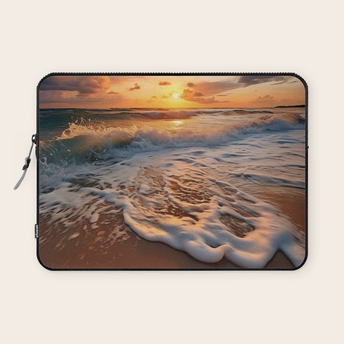 California Dreamin Coastal Photorealistic Digital Artwork - Sunset Waves on the Beach Laptop Sleeve Gallery Image 1